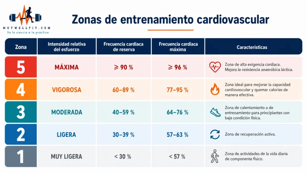 Infografía de las cinco zonas de entrenamiento cardiovascular