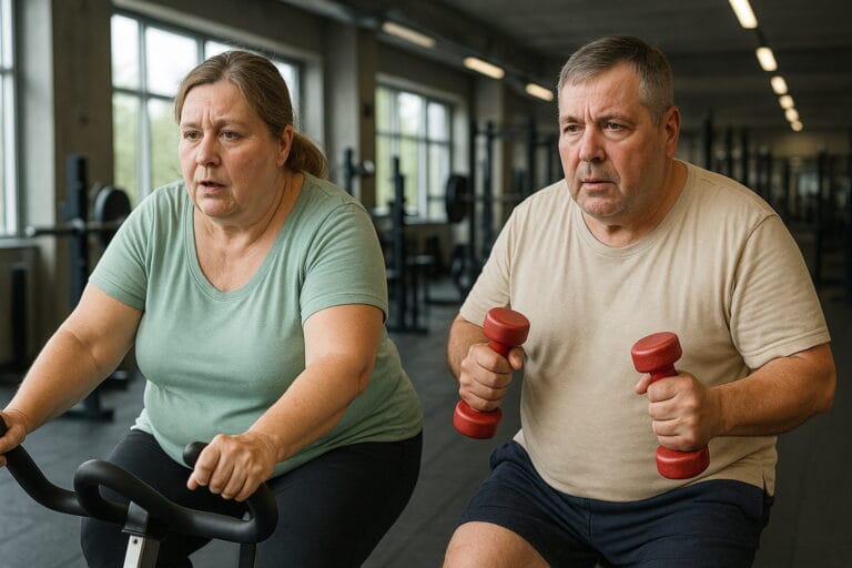 Hombre y mujer de mediana edad haciendo ejercicio en el gimnasio para perder grasa.