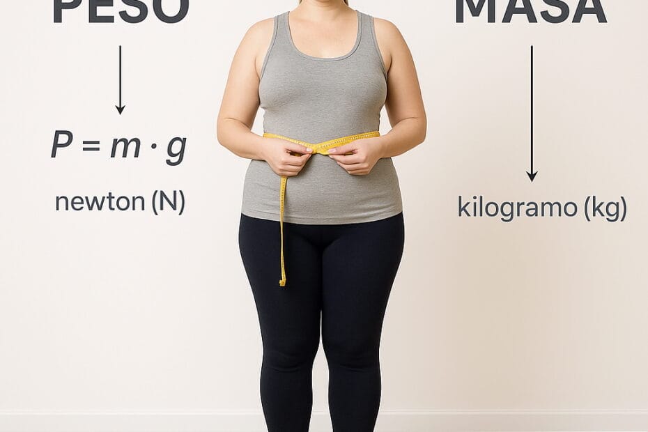 Mujer sobre báscula digital con cinta métrica, ilustrando la diferencia entre peso y masa corporal.