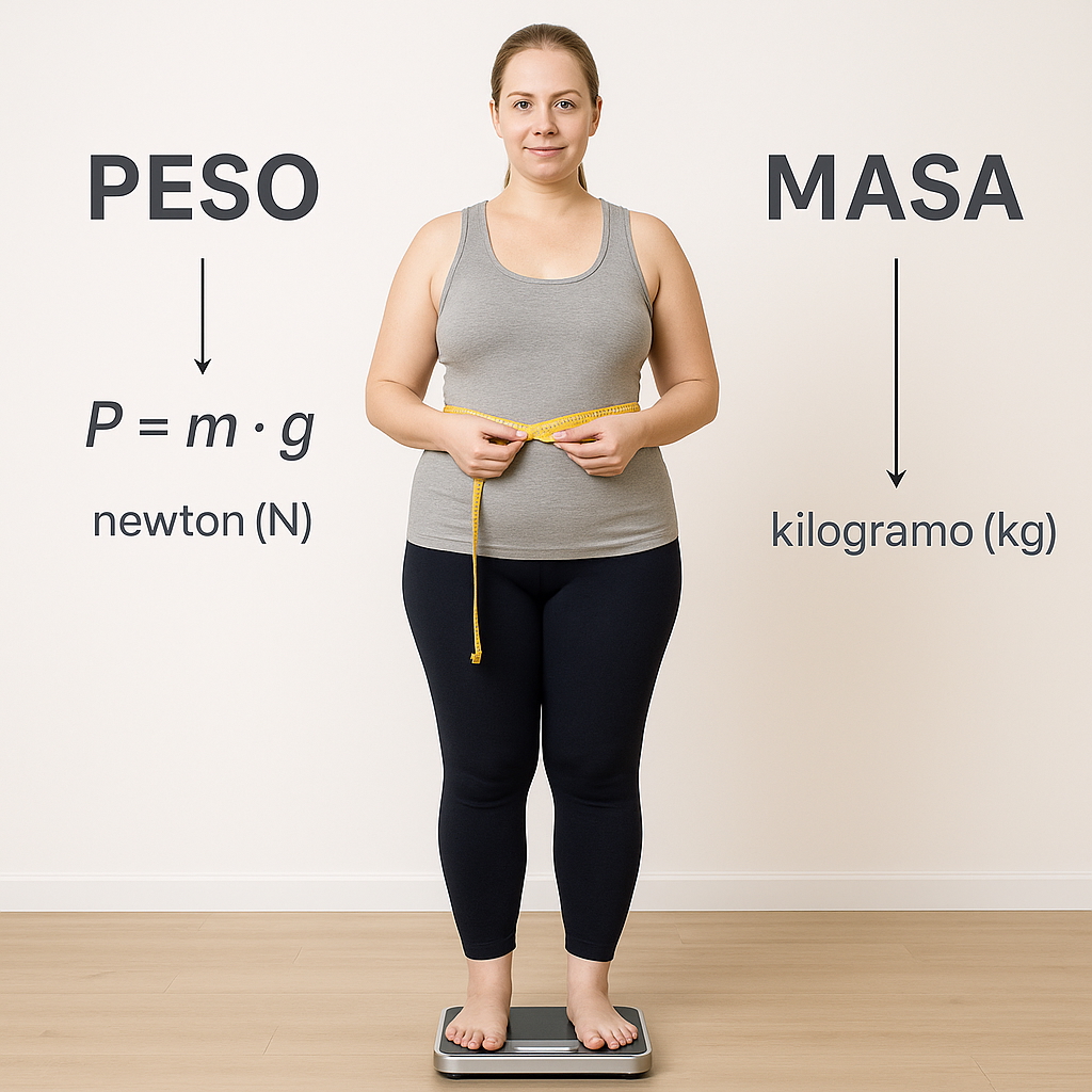 Mujer sobre báscula digital con cinta métrica, ilustrando la diferencia entre peso y masa corporal.