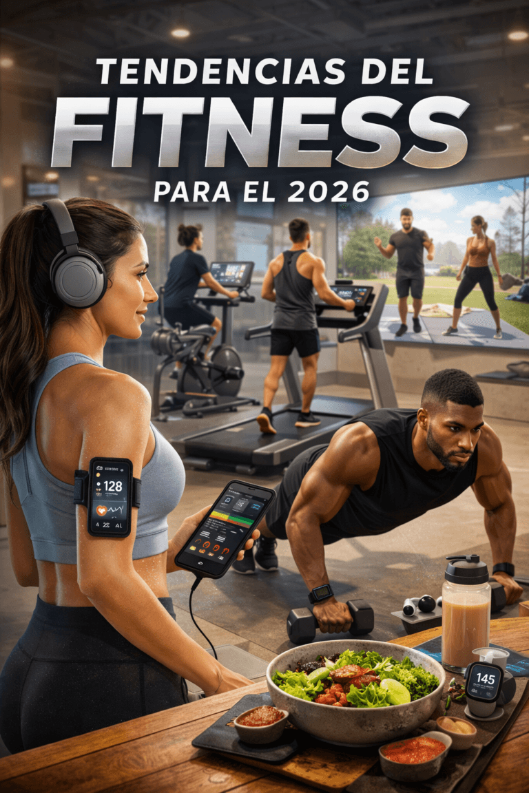 Personas entrenando en un gimnasio moderno y al aire libre, representando hábitos de fitness, entrenamiento funcional y bienestar para el año 2026.