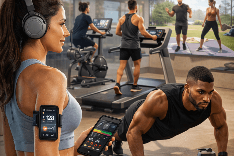 Personas entrenando en un gimnasio moderno y al aire libre, representando hábitos de fitness, entrenamiento funcional y bienestar para el año 2026.
