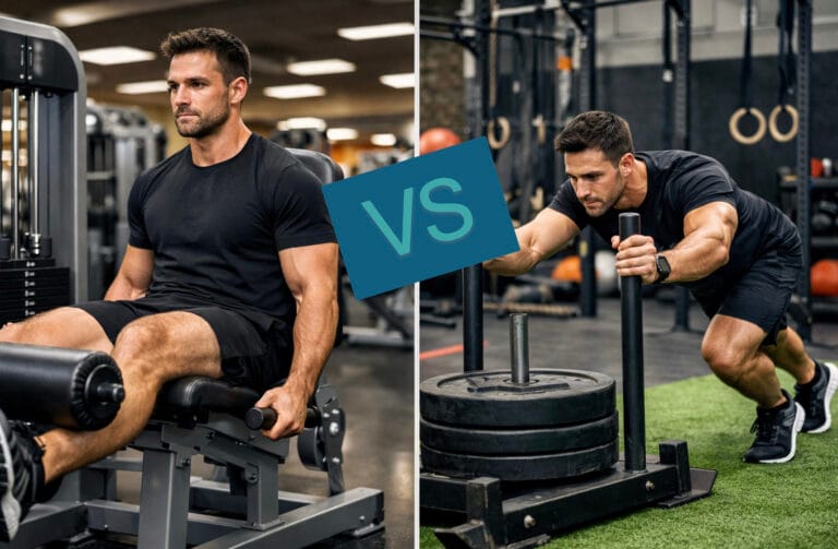 Comparativa entre ejercicio en máquina de extensión de piernas y empuje de trineo en gimnasio, representando entrenamiento tradicional frente a funcional.