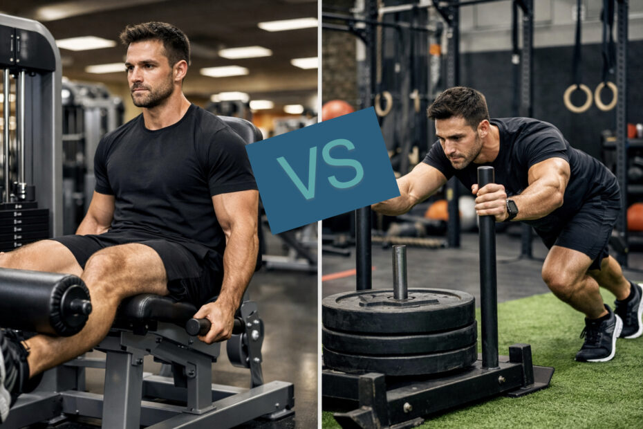 Comparativa entre ejercicio en máquina de extensión de piernas y empuje de trineo en gimnasio, representando entrenamiento tradicional frente a funcional.