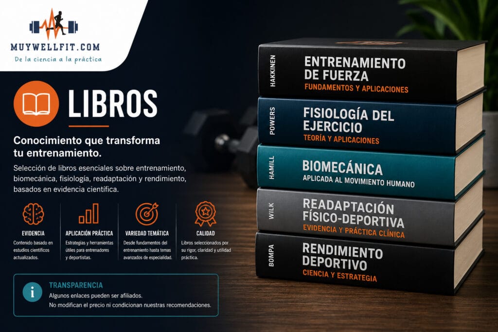 Imagen de portada de la sección Libros de MuyWellFit con una selección de libros sobre entrenamiento de fuerza, fisiología del ejercicio, biomecánica, readaptación físico-deportiva y rendimiento deportivo.