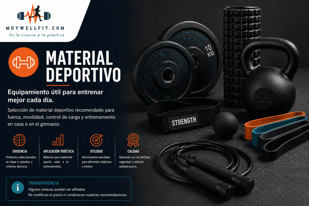 Imagen de portada de la sección Material Deportivo de MuyWellFit con equipamiento para entrenamiento de fuerza, movilidad, control de carga y entrenamiento en casa o gimnasio.