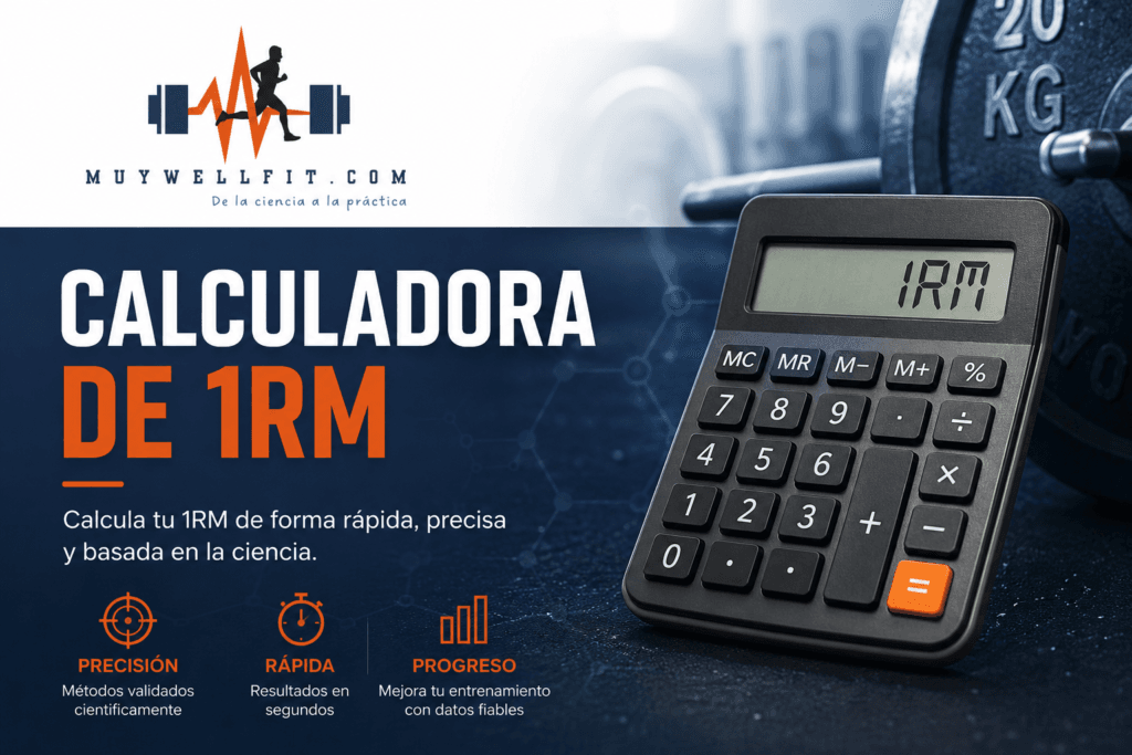 Imagen de portada de MuyWellFit para una calculadora de 1RM, con una calculadora, discos de peso y elementos visuales relacionados con el entrenamiento de fuerza.