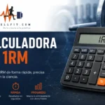 Imagen de portada de la calculadora de 1RM de MuyWellFit, con una calculadora y discos de pesas