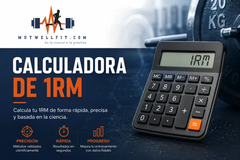 Imagen de portada de la calculadora de 1RM de MuyWellFit, con una calculadora y discos de pesas